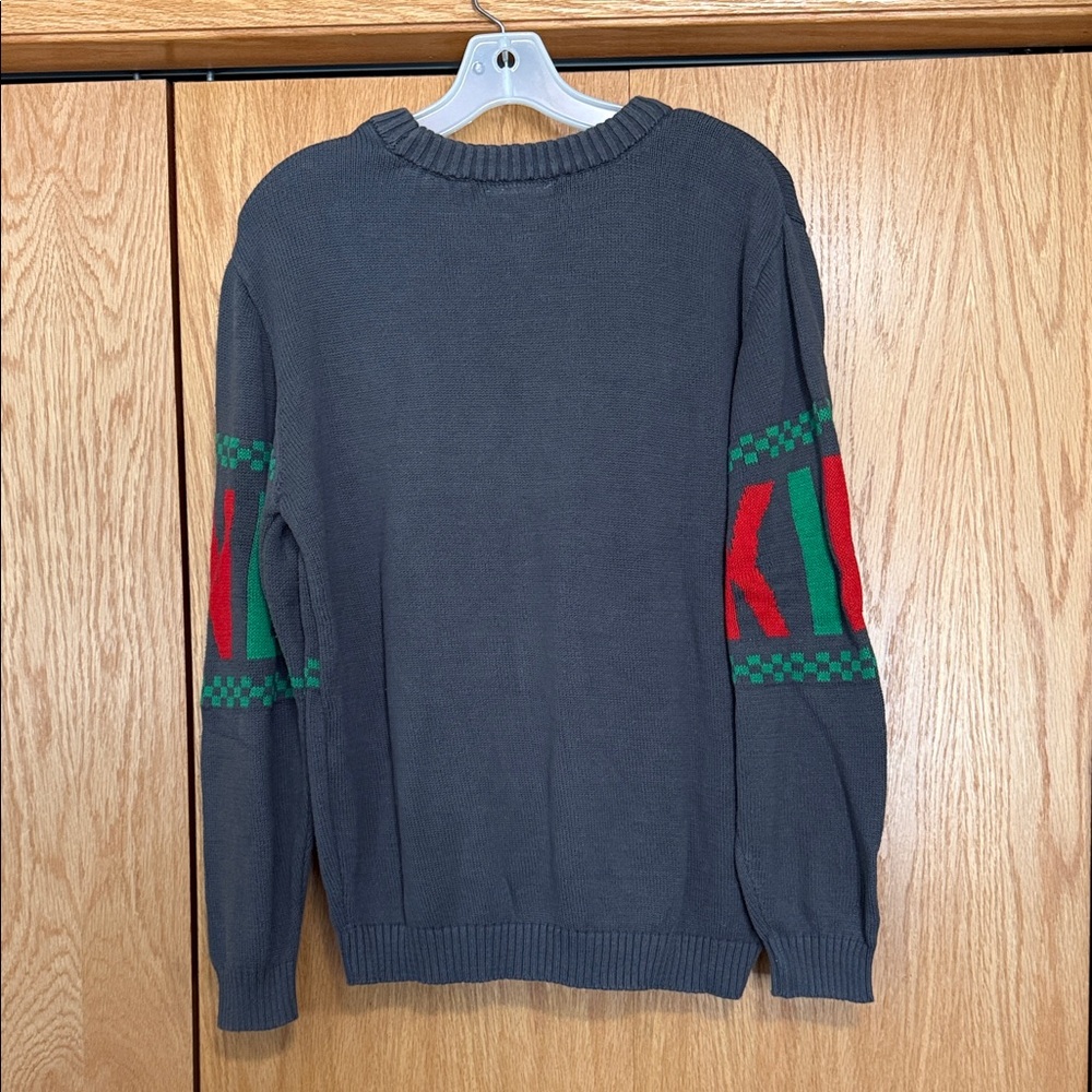 Charcoal Crewneck Sweater with Red and Green Accents - Picture 3 of 3